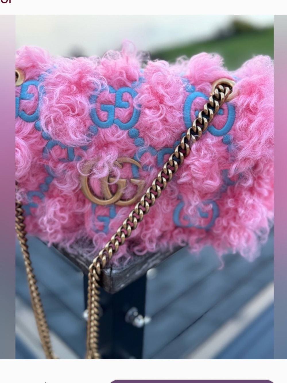 Gucci Pink Shearling GG Marmont Embroidered Shoulder Bag NWT